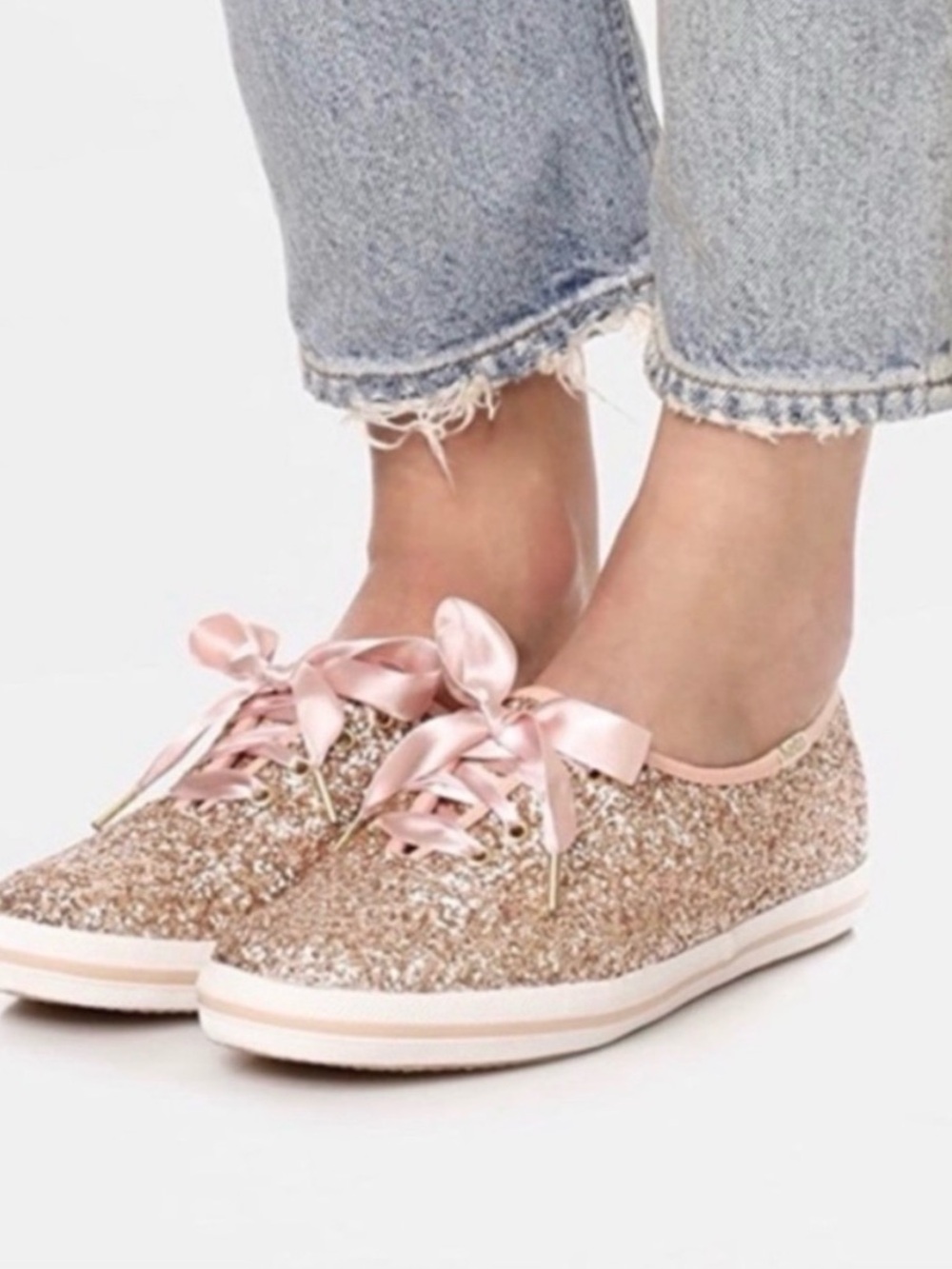Glitter Satin Lace-Up Women's Sneaker - Rose Gold Pink - Picture 2 of 8